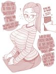  1girl cellphone ekz_(drawfag) english_commentary english_text glasses highres looking_at_phone monochrome original phone shirt sitting smartphone smile striped striped_shirt 