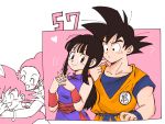  1boy 1girl :&lt; ? ^_^ arms_around_neck bangs bare_arms bare_shoulders black_eyes black_hair blue_dress blunt_bangs blush bracelet chi-chi_(dragon_ball) china_dress chinese_clothes closed_eyes closed_mouth clothes_writing collarbone confused couple dougi dragon_ball dragon_ball_(classic) dragon_ball_z dress earrings eyelashes finger_to_cheek frown hair_bun happy heart hetero highres hug hug_from_behind interlocked_fingers jewelry laughing leaning leaning_back looking_at_another looking_back motion_lines nervous number open_mouth own_hands_together ponytail sidelocks sleeveless sleeveless_dress smile son_gokuu sora_(happygreencandy) spiked_hair sweatdrop wristband 