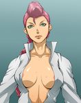  areolae baanin breasts covered_nipples crimson_viper green_eyes large_breasts open_clothes open_shirt pink_hair pompadour shirt solo street_fighter street_fighter_iv_(series) sweat 