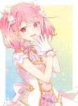  1girl :d back_bow bang_dream! bangs bow confetti dress e20 earrings flower_earrings gloves hair_ribbon hands_together jewelry looking_at_viewer maruyama_aya neck_ribbon open_mouth pink_eyes pink_hair pink_neckwear ribbon smile solo striped striped_neckwear twintails upper_body white_bow white_gloves white_ribbon 