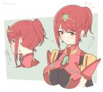  1girl alternate_hairstyle bangs blush breasts chest_jewel earrings eyebrows_visible_through_hair flying_sweatdrops gem headpiece highres homura_(xenoblade_2) jewelry large_breasts mochimochi_(xseynao) multiple_views ponytail red_eyes red_hair short_hair short_ponytail sidelocks simple_background translation_request twitter_username two-tone_background upper_body xenoblade_(series) xenoblade_2 