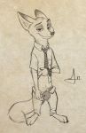  anthro barefoot bulge canid canine cheek_tuft clothed clothing disney facial_tuft fox fur genital_outline half-closed_eyes head_tuft hi_res idrawpornsometimes looking_at_viewer male mammal narrowed_eyes neck_tuft nick_wilde partially_clothed penis_outline red_fox simple_background smile solo standing tuft zootopia 
