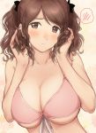  1girl 3: amagami bikini blush breasts brown_eyes brown_hair cleavage closed_mouth collarbone hands_up long_hair looking_at_viewer nakata_sae nozomi-y pink_bikini solo speech_bubble spoken_blush swimsuit twintails upper_body 