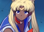  alternate_skin_color bishoujo_senshi_sailor_moon blonde_hair breasts choker cleavage dark_skin earrings forehead_protector heart heart_choker highres jewelry open_mouth sailor_collar sailor_moon sailor_moon_redraw_challenge souryu tsukino_usagi twintails 