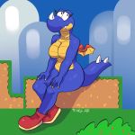  1:1 2020 anthro blue_body blue_skin breasts clothing detailed_background female fivel footwear footwear_only hi_res mario_bros membrane_(anatomy) membranous_wings mostly_nude nintendo rex_(mario) scales scalie shoes shoes_only solo video_games wings yellow_body yellow_scales 