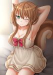  1girl animal_ears armpits arms_up ayunda_risu bangs bare_arms bare_shoulders bed_sheet bow brown_dress brown_hair closed_mouth dress eyebrows_visible_through_hair green_eyes hair_between_eyes highres hololive hololive_indonesia kazenokaze long_hair one_eye_closed red_bow sitting sleeveless sleeveless_dress solo squirrel_ears squirrel_girl squirrel_tail stretch striped striped_bow tail tears virtual_youtuber waking_up wavy_mouth 