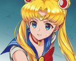  1girl bangs bishoujo_senshi_sailor_moon blonde_hair blue_eyes blue_sailor_collar bow choker collarbone commentary_request crescent crescent_earrings double_bun earrings hair_ornament jewelry long_hair magical_girl parted_bangs parted_lips puca-rasu red_choker sailor_collar sailor_moon sailor_moon_redraw_challenge sailor_senshi_uniform short_sleeves solo twintails 