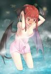  1girl arms_up black_wings blush braid breasts convenient_censoring d: fang haniwa_(leaf_garden) head_wings highres koakuma long_hair looking_down medium_breasts naked_towel onsen open_mouth red_eyes red_hair solo standing steam steam_censor touhou towel wading water wings 