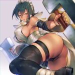  1girl ass bare_shoulders black_hair black_legwear black_sleeves blade breasts commentary_request covered_nipples detached_sleeves dual_wielding grey_background highres holding iroha_(samurai_spirits) kin_mokusei large_breasts maid_headdress samurai_spirits short_hair simple_background skindentation solo thick_thighs thighhighs thighs yellow_eyes 