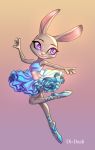  2019 action_pose anthro ballerina clothed clothing di-dash disney female fur gradient_background grey_body grey_fur hi_res judy_hopps lagomorph leporid mammal midriff pose purple_eyes rabbit simple_background smile solo zootopia 