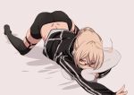  1girl ahoge all_fours artoria_pendragon_(all) back bike_shorts black-framed_eyewear black_jacket blonde_hair braid fate/grand_order fate_(series) french_braid fu-ta garter_straps glasses holding holding_pillow jacket long_sleeves looking_at_viewer mysterious_heroine_x_(alter) on_bed pillow pillow_hug solo thighhighs top-down_bottom-up v yellow_eyes 