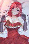  1girl bare_shoulders black_gloves blush breasts cleavage collarbone commentary_request dress earring_removed gloves highres jewelry jewelry_removed large_breasts looking_at_viewer love_live! love_live!_school_idol_project lying necklace necklace_removed nishikino_maki on_back on_bed osirukonobleman pillow purple_eyes red_dress red_hair short_hair solo strapless strapless_dress sweat 