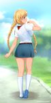  1girl ass belt blonde_hair blue_eyes blue_skirt blurry blurry_background braid breasts commentary day everlasting_summer from_behind full_body hand_up highres huyase kneehighs kneepits large_breasts long_hair looking_at_viewer looking_back outdoors patreon_username shirt short_sleeves skirt slavya-chan solo twin_braids uniform very_long_hair white_legwear white_shirt 
