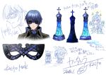  1boy arrow_(symbol) bangs blue_flower blue_hair blue_rose cameo cantarella_(vocaloid) censored character_request chess_piece chibi chibi_inset chin_stroking cravat crown eye_mask facing_viewer flower frown hollow_eyes identity_censor itto_maru kaito king_(chess) male_focus mask multiple_views profile project_diva_(series) rosa_blue_(module) rose simple_background smile sparkle sweatdrop vocaloid white_background 