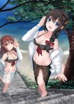  2girls absurdres adapted_costume ahoge beach bikini black_bikini black_hair black_sarong blue_eyes braid breasts brown_eyes brown_hair cleavage commentary_request hair_flaps hair_over_shoulder hairband highres jacket kantai_collection looking_at_viewer medium_breasts multiple_girls numarinko ocean red_hairband remodel_(kantai_collection) sarong school_uniform serafuku shigure_(kantai_collection) shiratsuyu_(kantai_collection) single_braid skirt stairs standing standing_on_one_leg swimsuit tree v water waves white_jacket white_skirt yuudachi_(kantai_collection) 