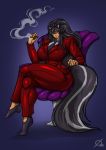  absurd_res animal_humanoid big_breasts breasts chair cigar clothed clothing crossed_legs female footwear furniture hi_res humanoid mammal mammal_humanoid mephitid mephitid_humanoid necktie osmar-shotgun shoes sitting skunk_humanoid smoking solo suit 