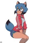  absurd_res anthro avoid_posting black_body black_fur black_hair black_nose blue_body blue_eyes blue_fur blue_hair brand_new_animal brown_body brown_fur canid canine clothed clothing female fluffy fluffy_tail fur hair hi_res jacket mammal michiru_kagemori multicolored_body multicolored_fur multicolored_hair raccoon_dog short_hair simple_background sitting smile solo studio_trigger tanuki topwear white_background zotnamotgrim 