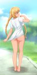  1girl ass barefoot blonde_hair blue_eyes blurry blurry_background bottomless braid breasts commentary day everlasting_summer from_behind full_body hand_up highres huyase kneepits large_breasts long_hair looking_at_viewer looking_back outdoors patreon_username shirt shirt_tug short_sleeves slavya-chan solo twin_braids very_long_hair white_shirt 