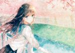  aqua_eyes black_hair blush cherry_blossoms flowers hiten_goane_ryu long_hair original petals scan school_uniform skirt water 