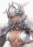 animal_ears armor blue_eyes body_markings breasts caenis_(fate) dark_skin fate/grand_order fate_(series) fork grey_hair highres large_breasts long_hair looking_at_viewer plate smile tomatika white_background 