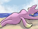  animal_crossing anthro beach butt canid canine canis casual_nudity female freya_(animal_crossing) fur hi_res jaylien121 lying mammal nintendo nude on_side pink_body pink_fur rear_view seaside solo video_games wolf 