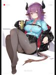  1girl animal_ears arknights breasts brown_eyes bursting_breasts cleavage drink eyebrows_visible_through_hair grey_legwear horns jacket large_breasts long_hair looking_at_viewer miniskirt no_shoes open_clothes open_jacket pantyhose pillarboxed purple_hair recording side_slit sideroca_(arknights) sitting skirt solo tail viewfinder xiaoshou_xiansheng 