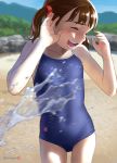  1girl artist_name blue_sky blue_swimsuit brown_hair bush closed_eyes commentary_request competition_school_swimsuit cowboy_shot day flat_chest logo motion_blur mu-pyon original outdoors rock sand school_swimsuit short_hair sky smile solo splashing swimsuit teeth twintails water 