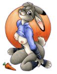  2020 anthro black_body black_fur bottomless breasts buckteeth carrot_pen clothed clothing cosplay disney fan_character female fur grey_body grey_fur grey_hair hair judy_hopps lagomorph leporid mammal michele_light nipples open_mouth open_smile purple_eyes rabbit raised_clothing raised_shirt smile solo teeth toeless_shoes white_body white_fur zootopia 