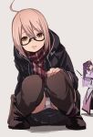  ahoge artoria_pendragon_(all) blonde_hair blush boots bow detached_sleeves fate/grand_order fate_(series) fu-ta glasses grey_background mysterious_heroine_x_(alter) panties pantyshot plaid plaid_scarf purple_hair scarf scathach_(fate)_(all) scathach_skadi_(fate/grand_order) semi-rimless_eyewear skirt thighhighs underwear white_panties yellow_eyes 