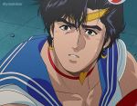  1boy 1girl bangs bishoujo_senshi_sailor_moon black_hair blue_eyes blue_sailor_collar chest choker circlet city_hunter cosplay crescent crescent_earrings crossdressing derivative_work earrings hair_ornament heart heart_choker highres jewelry looking_to_the_side meme muscle pectorals red_choker saeba_ryou sailor_collar sailor_moon sailor_moon_(cosplay) sailor_moon_redraw_challenge screencap_redraw solo sweatdrop thick_eyebrows upper_body ymzkmsr 