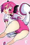  1girl ass bent_over blush buruma disgaea horns iwasi-r looking_at_viewer looking_back makai_senki_disgaea_3 open_mouth pink_buruma pink_eyes pink_hair pointy_ears raspberyl shirt shoes short_hair solo standing tail wings 