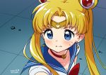  1girl bishoujo_senshi_sailor_moon blonde_hair blue_eyes blue_sailor_collar blush breasts choker cleavage collarbone commentary_request crescent crescent_earrings dated diadem double_bun earrings heart heart_choker jewelry kanya_pyi long_hair red_choker sailor_collar sailor_moon sailor_moon_redraw_challenge solo sweatdrop symbol_commentary tsukino_usagi twintails upper_body 