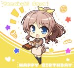  1girl :d apron bang_dream! bangs beige_apron black_legwear blue_eyes blush_stickers bread brown_dress brown_footwear brown_hair character_name chocolate_cornet collarbone commentary_request dress eyebrows_visible_through_hair food full_body hair_ribbon hanasakigawa_school_uniform happy_birthday highres holding holding_tray kneehighs loaf_of_bread long_hair long_sleeves looking_at_viewer neck_ribbon notice_lines open_mouth ponytail red_neckwear ribbon sailor_collar sailor_dress school_uniform shoes sidelocks smile solo standing star teen_(teen629) thighhighs tray two-tone_background white_background white_sailor_collar yamabuki_saaya yellow_background yellow_ribbon zettai_ryouiki 