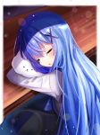  1girl black_skirt blue_hair closed_eyes gochuumon_wa_usagi_desu_ka? hair_ornament highres indoors kafuu_chino kimura_mitsuki lens_flare long_hair long_skirt long_sleeves open_mouth rabbit_house_uniform shiny shiny_hair shirt skirt sleeping solo tippy_(gochiusa) very_long_hair white_shirt x_hair_ornament 