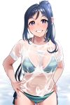  1girl bikini blue_hair breasts commentary_request cowboy_shot grin hands_on_hips highres igarashi_kyouhei large_breasts long_hair looking_at_viewer love_live! love_live!_sunshine!! matsuura_kanan ponytail purple_eyes see-through shirt side-tie_bikini simple_background smile solo striped striped_bikini swimsuit t-shirt white_background white_shirt 