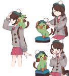  1girl :d ^_^ black_eyes brown_eyes brown_hair cardigan charamells closed_eyes commentary creature english_commentary flat_chest gen_8_pokemon green_headwear grookey monkey on_shoulder open_mouth pokemon pokemon_(creature) pokemon_(game) pokemon_on_shoulder pokemon_swsh short_hair smile starter_pokemon yuuri_(pokemon) 