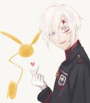 13isaco 1boy :d allen_walker bangs black_coat coat d.gray-man facial_mark gloves hair_between_eyes heart index_finger_raised long_sleeves looking_at_viewer male_focus open_mouth purple_eyes silver_hair simple_background smile solo star timcanpy white_background white_gloves 