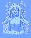  1girl bare_shoulders blue_background blue_eyes blue_hair blue_skin breasts collarbone double_v eyebrows_visible_through_hair hair_between_eyes hcnone large_breasts long_hair looking_at_viewer monster_girl original pixel_art simple_background slime_girl solo upper_body upper_teeth v 