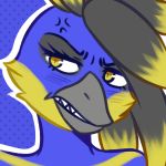  2018 angry anthro avian beak bird blue_body blue_feathers bust_portrait commission_art feathers female looking_away low_res portrait requiem simple_background solo teeth unknown_artist yellow_body yellow_eyes yellow_feathers 