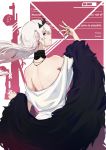  1girl absurdres back black_cloak cloak cross cross_earrings crown dress earrings english_text girls_frontline highres jewelry kar98k_(girls_frontline) long_hair looking_at_viewer looking_back necklace red_eyes silver_hair simple_background solo white_dress white_hair xiukukkii 