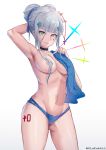  1girl absurdres areola_slip areolae bangs bikini blue_hair blue_panties bow breasts choker cleavage collarbone cross cross_necklace earrings facial_tattoo girls_frontline green_eyes hair_between_eyes hair_bow hair_ornament hair_ribbon hand_on_breast hand_on_headwear highres hk416_(girls_frontline) jewelry long_hair looking_at_viewer medium_breasts navel necklace nipples no_bra number_tattoo panties ribbon solo stomach swimsuit tattoo thigh_tattoo thighs towel underwear white_background xiukukkii 