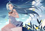  1girl ahoge akanebi blue_eyes blue_hair blurry_foreground cloud day dress dutch_angle floating_hair floating_island granblue_fantasy hair_intakes long_hair lyria_(granblue_fantasy) open_mouth outdoors shiny shiny_hair short_dress sitting sleeveless sleeveless_dress solo very_long_hair white_dress 