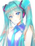  1girl bangs blue_eyes blue_hair blue_neckwear collared_shirt eyebrows_visible_through_hair grin hair_between_eyes hatsune_miku headphones headset highres long_hair microphone necktie rosette_(roze-ko) shiny shiny_hair shirt simple_background sleeveless sleeveless_shirt smile solo twintails upper_body very_long_hair vocaloid white_background white_shirt wing_collar 