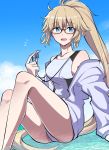  1girl blonde_hair blue_eyes blush breasts collarbone commentary_request competition_swimsuit day eyebrows_visible_through_hair fate/grand_order fate_(series) glasses hair_between_eyes highleg highleg_swimsuit highres holding holding_whistle jacket jacket_over_swimsuit jeanne_d&#039;arc_(fate)_(all) jeanne_d&#039;arc_(swimsuit_archer) jewelry long_hair looking_at_viewer medium_breasts necklace one-piece_swimsuit open_clothes open_jacket open_mouth ponytail sitting smile solo swimsuit very_long_hair water whistle whistle_around_neck white_jacket white_swimsuit yuuma_(u-ma) 