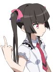  1girl bangs black_hair blunt_bangs breasts chupirinko closed_mouth commentary_request eyebrows_visible_through_hair hair_ornament highres long_hair lydian_academy_uniform middle_finger necktie pink_eyes school_uniform senki_zesshou_symphogear simple_background small_breasts solo tsukuyomi_shirabe twintails upper_body white_background 