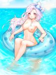  1girl annyeongbangawo bangs bare_arms bare_legs bare_shoulders blue_bow blue_sky blush bow breasts cloud commentary_request day floating_hair hair_bow highres horizon innertube korean_commentary maplestory medium_breasts nipples nude ocean outdoors parted_bangs parted_lips pink_hair red_eyes signature sky solo striped striped_bow sun sweat water 