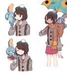  1girl :o ^_^ blue_eyes brown_eyes brown_hair cardigan charamells closed_eyes commentary creature english_commentary flat_chest frown gen_8_pokemon green_headwear on_shoulder pokemon pokemon_(creature) pokemon_(game) pokemon_on_shoulder pokemon_swsh short_hair sobble starter_pokemon yuuri_(pokemon) 