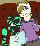  anonymous_artist anthro arviir_ovex aspen_gold biped canid clothed clothing cotton_candy digital_media_(artwork) duo english_text fan_character fangs felid female food fur hair looking_at_viewer male male/female mammal peace_sign_(disambiguation) simple_background smile text 