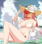  1girl absurdres azur_lane bare_shoulders bikini blue_sky breasts cleavage cloud day eyebrows_visible_through_hair flower green_eyes hair_between_eyes hair_ornament hat highres in_water large_breasts long_hair looking_at_viewer navel nemomo outdoors pink_hair red_nails sitting sky smile solo straw_hat sun_hat sunglasses surcouf_(azur_lane) swimsuit thighs very_long_hair water white_bikini 