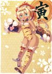  1girl animal_ears animal_print ankle_cuffs black_gloves blonde_hair blue_eyes breasts chain chinese_zodiac collar dark_skin fake_horns fang full_body gloves hairband highres ichi_makoto legs long_hair no_panties open_mouth original paw_gloves paws sideboob small_breasts smile solo tabard tail thighhighs thighs tiger_ears tiger_print tiger_tail twintails 